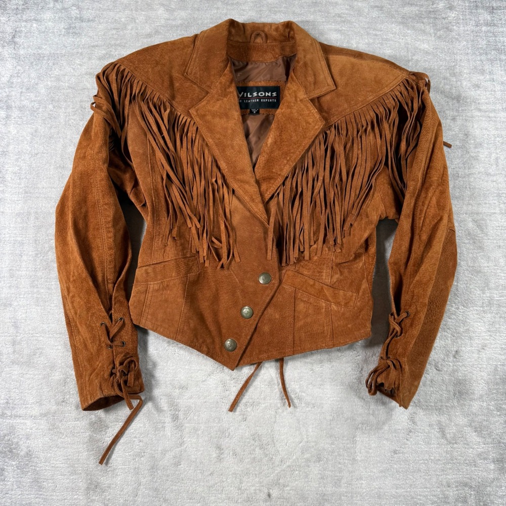 Wilsons Leather Jacket Womens Small Brown Suede Fringe Western Cropped Boho